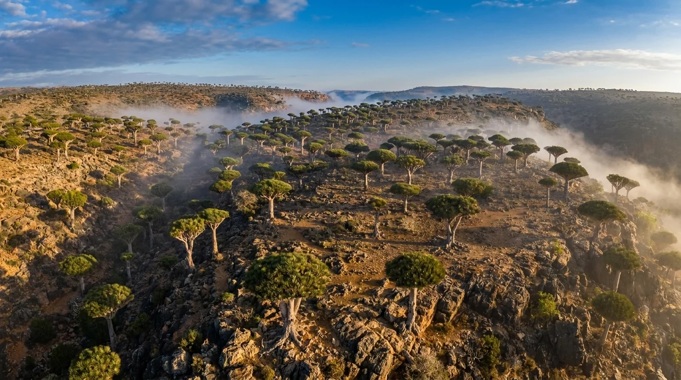 Firmihin Forest — Dragon Blood Trees in morning mist