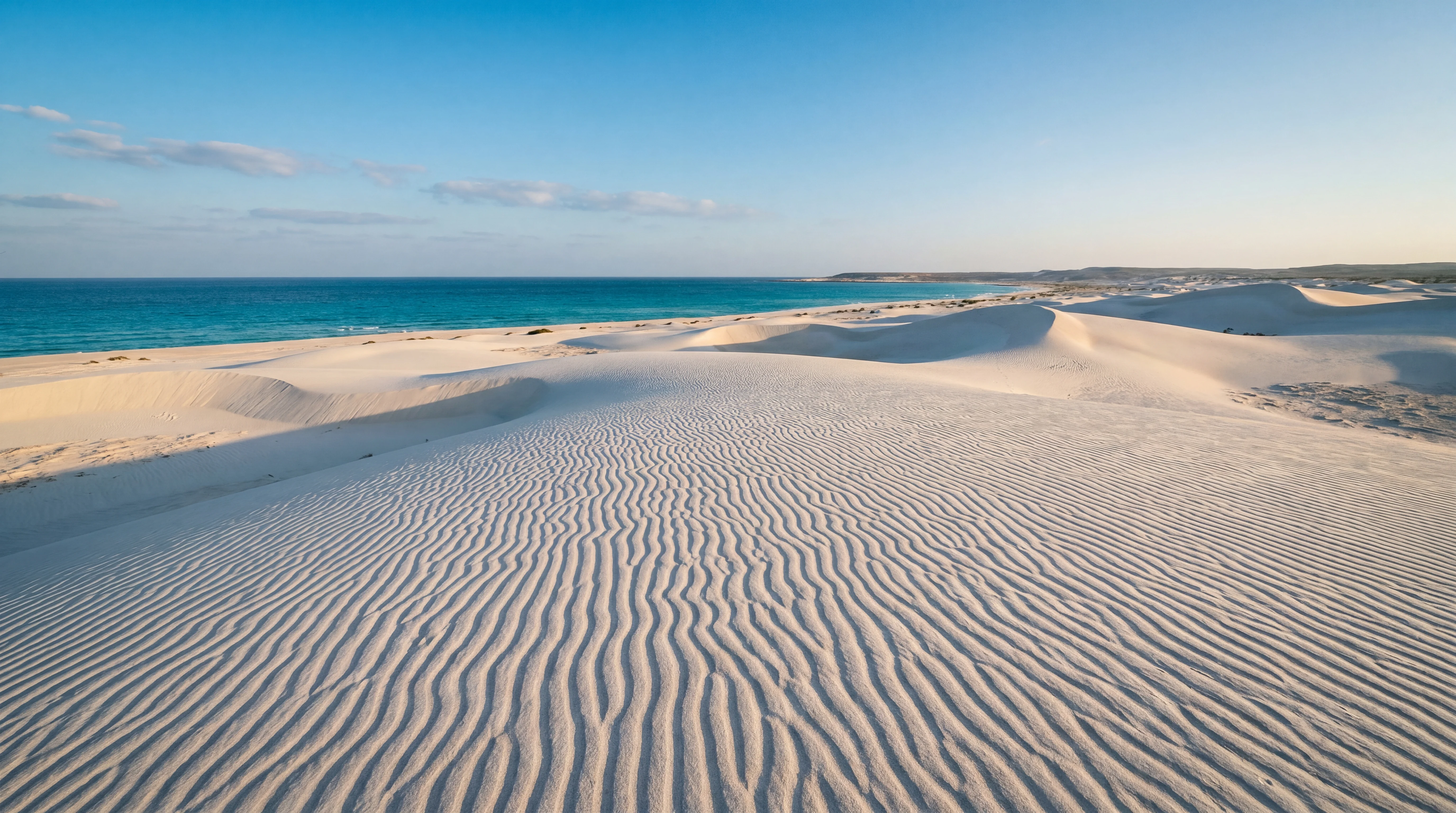 Wide-angle view of Socotra dunes meeting the Indian Ocean