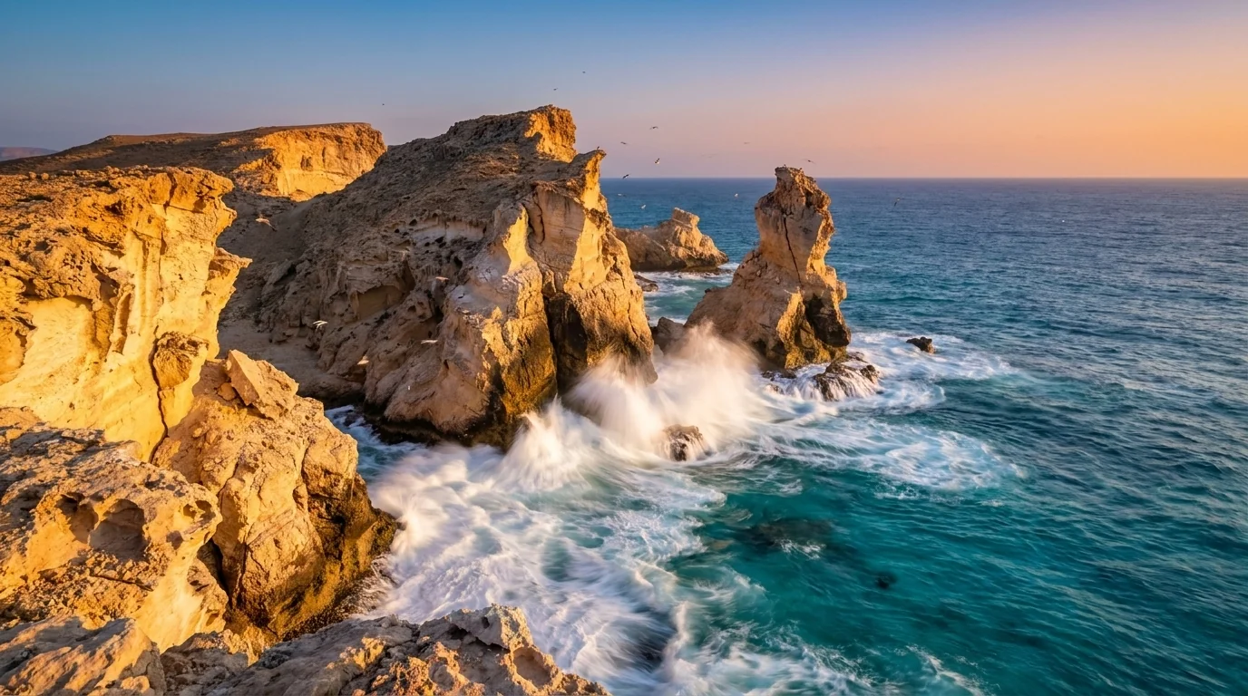 Ras Bideedah — wide coastal panorama at sunset