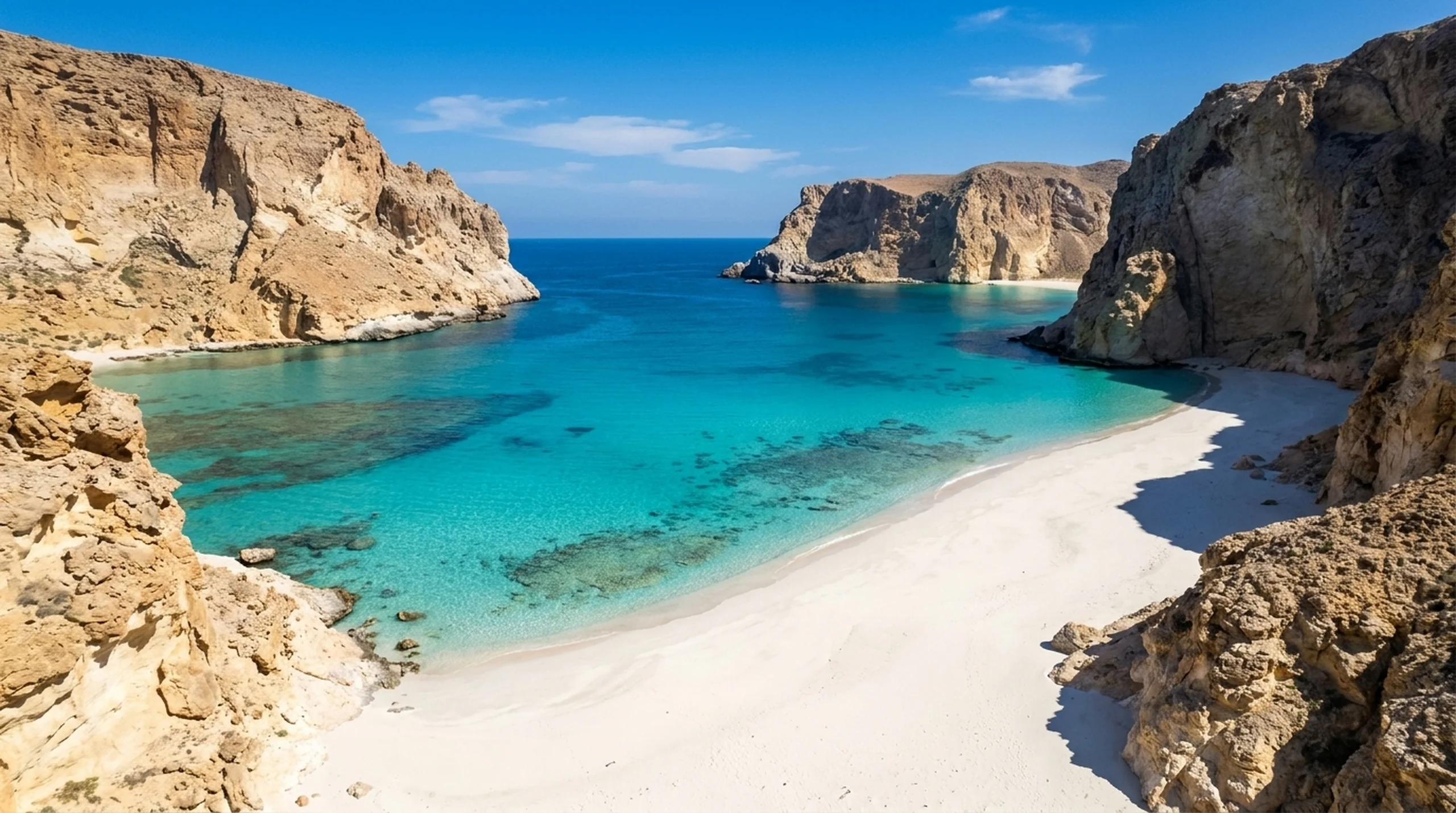 Shoab Beach — limestone cliffs and turquoise water