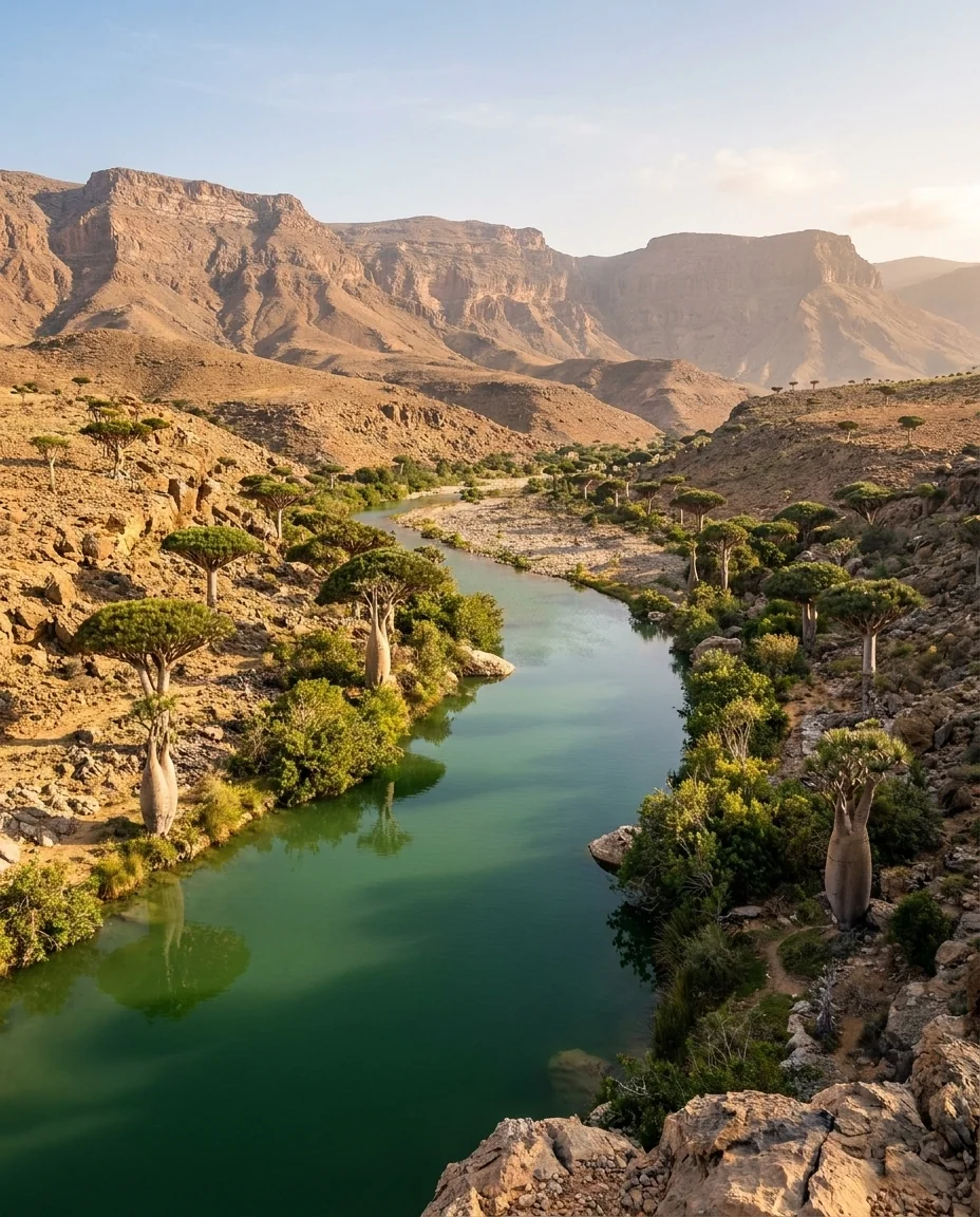 Wadi Kalisan — valley with endemic trees lining the banks